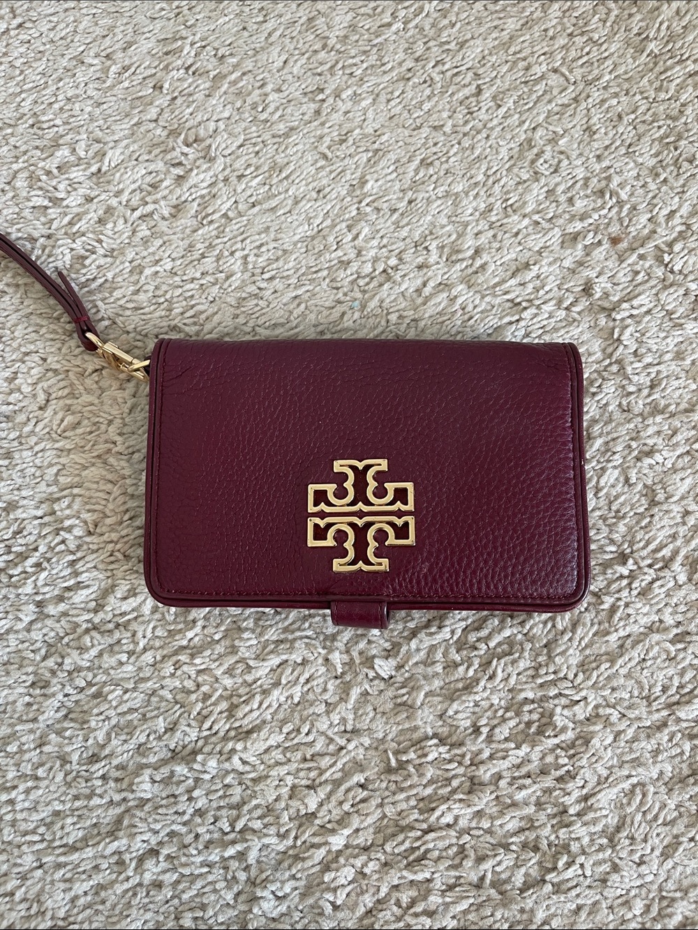Tory Burch Wine Leather wallet Wristlet with Gold Logo